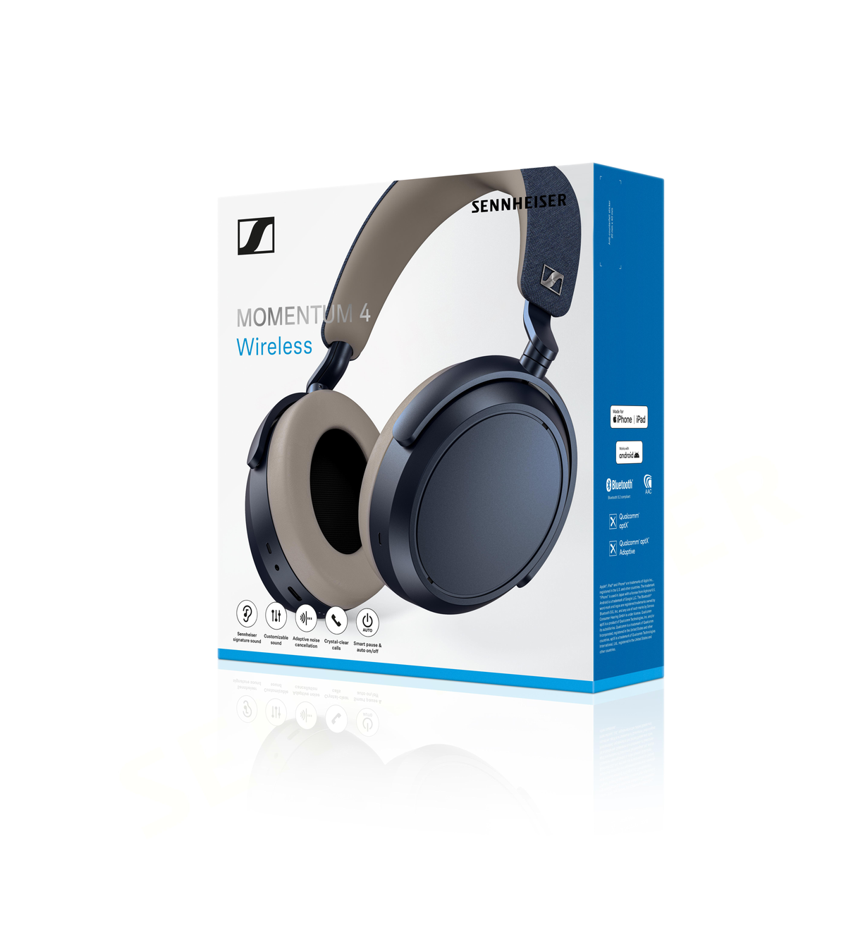 Caja de auriculares con auriculares, fondo blanco, auriculares beige y azul oscuro.