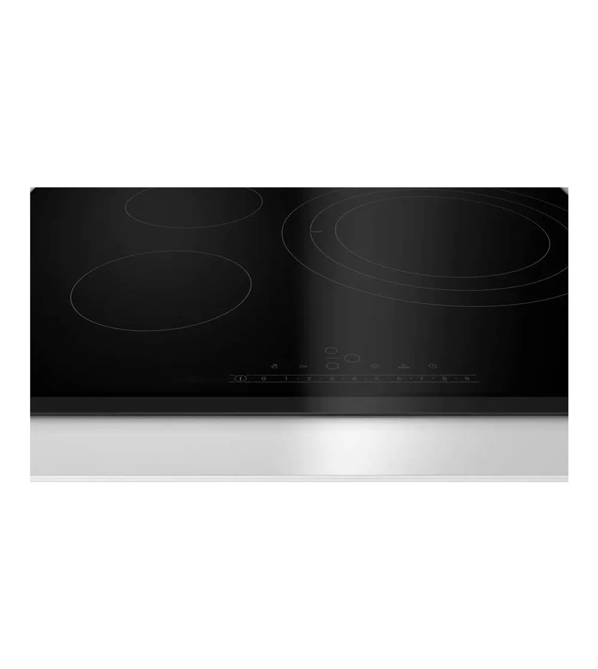 Una placa de inducción negra con quemadores circulares y un panel táctil.