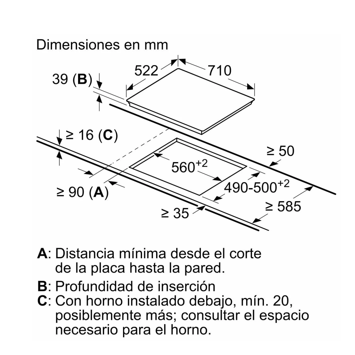 Dibujo técnico con dimensiones en mm para una placa de cocina. Tiene líneas y medidas.