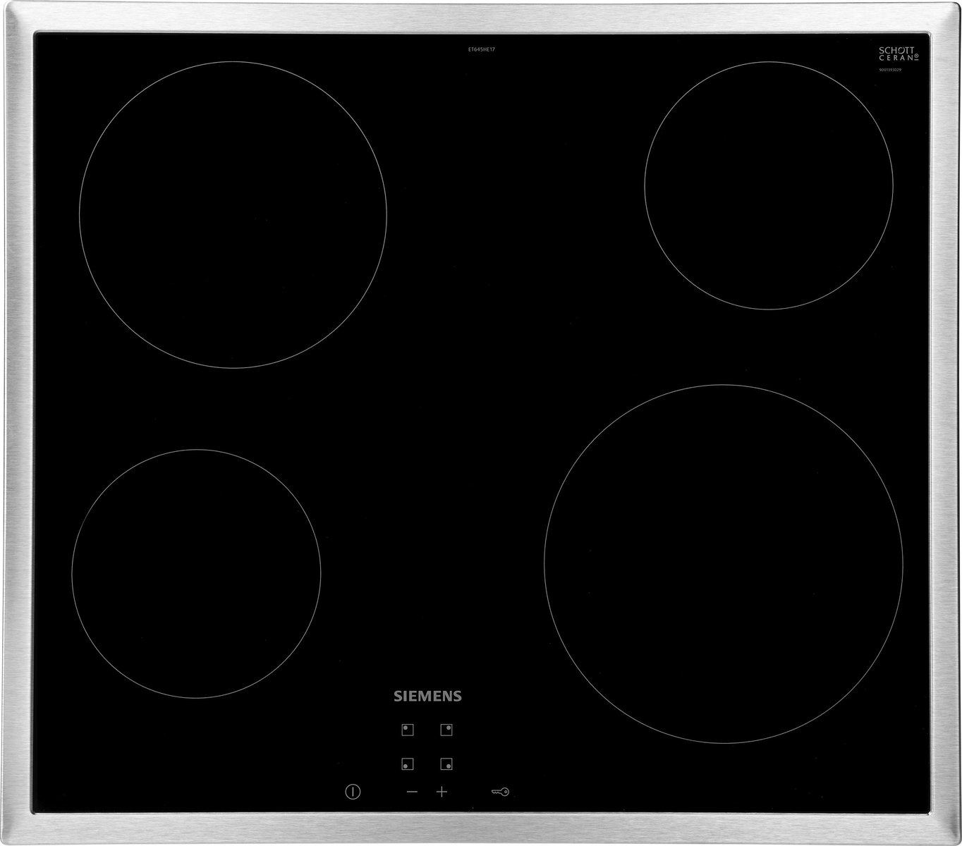 Czarna płyta ceramiczna z czterema okrągłymi strefami gotowania.