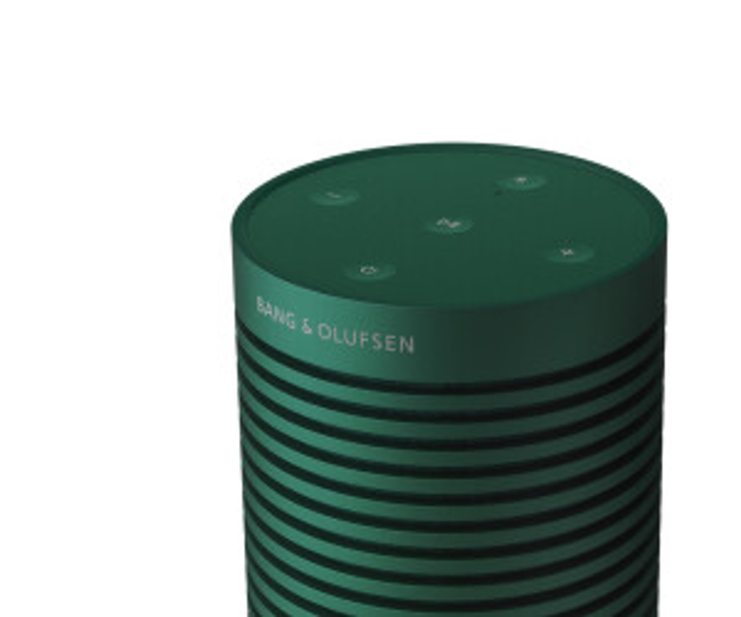 Zielony głośnik z czarnymi paskami. Głośnik ma przyciski na górze i logo Bang & Olufsen.