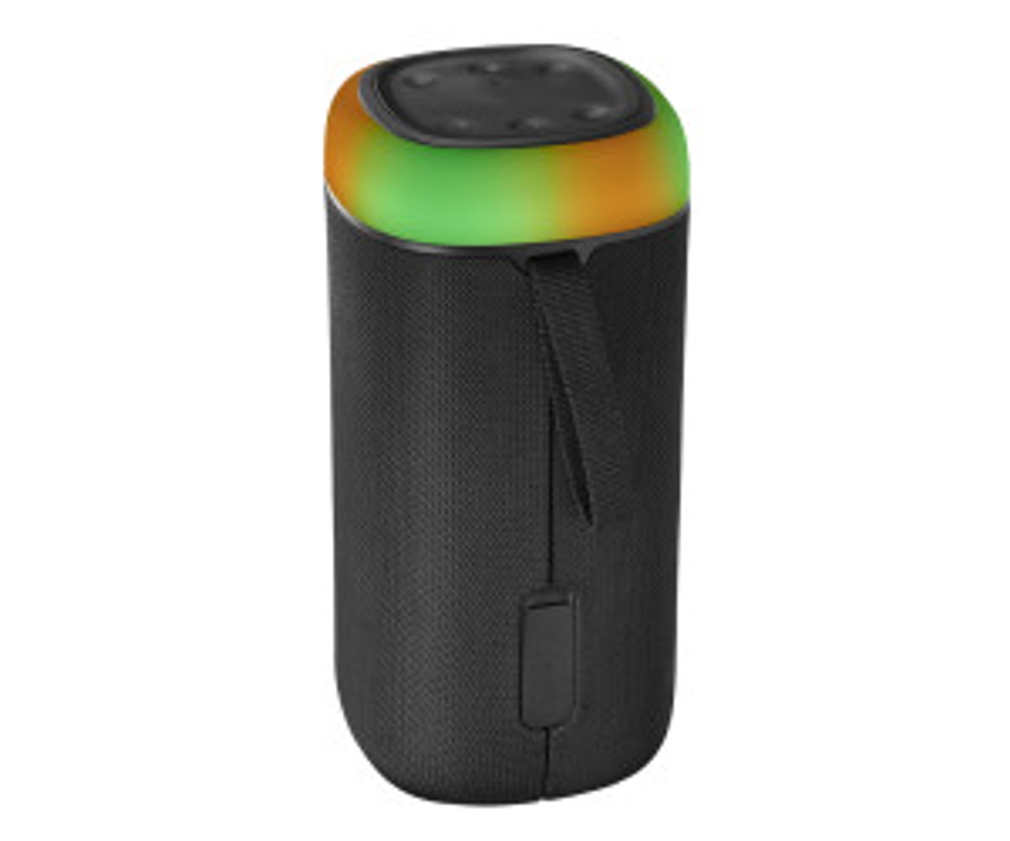 Czarny głośnik cylindryczny z uchwytem i podświetlanym wierzchem. Ma pomarańczowe i zielone światła.