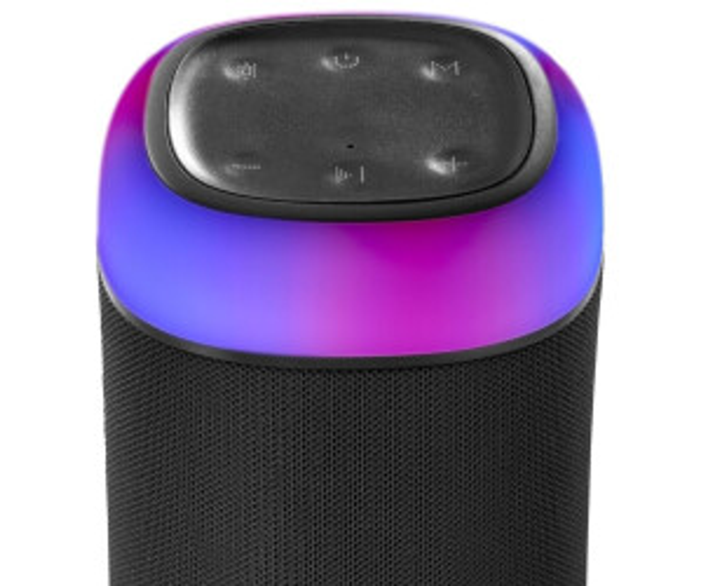 Czarny głośnik z pierścieniem świetlnym zmieniającym kolor na górze, pokazujący niebieski i fioletowy.