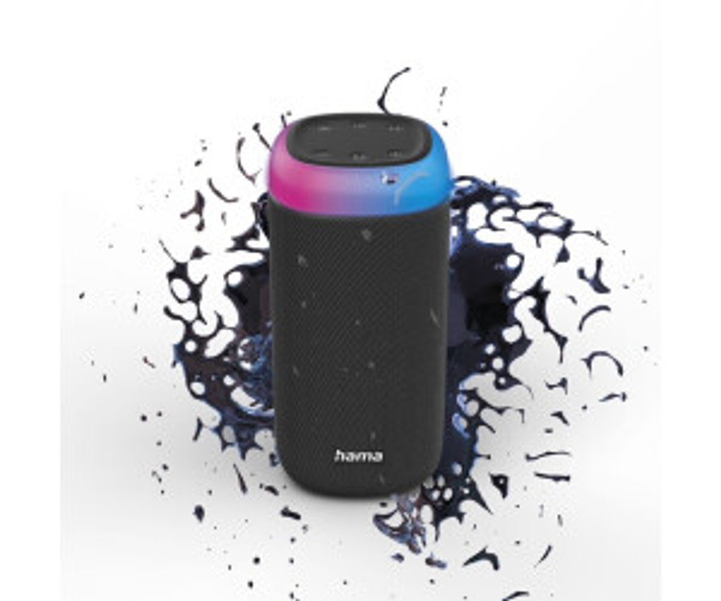 Czarny głośnik cylindryczny z zmieniającym kolor wierzchem, otoczony rozpryskami czarnej farby.