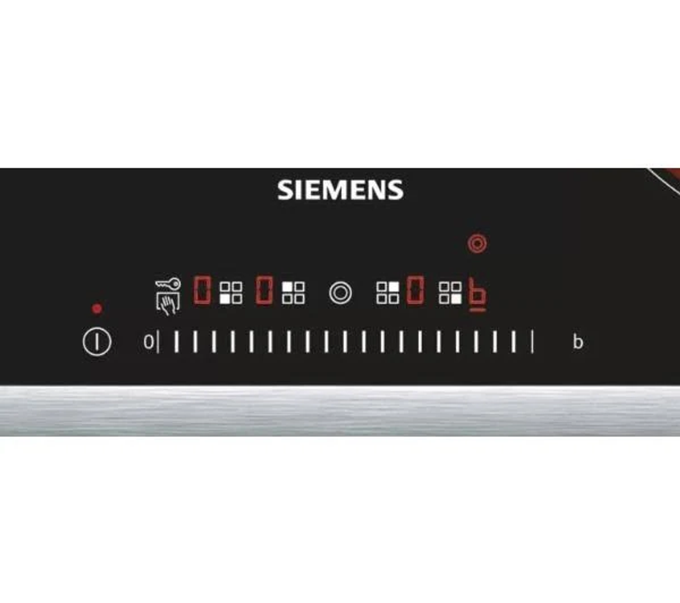 Panel sterowania płyty indukcyjnej Siemens ze wskaźnikami i kontrolkami stref gotowania.