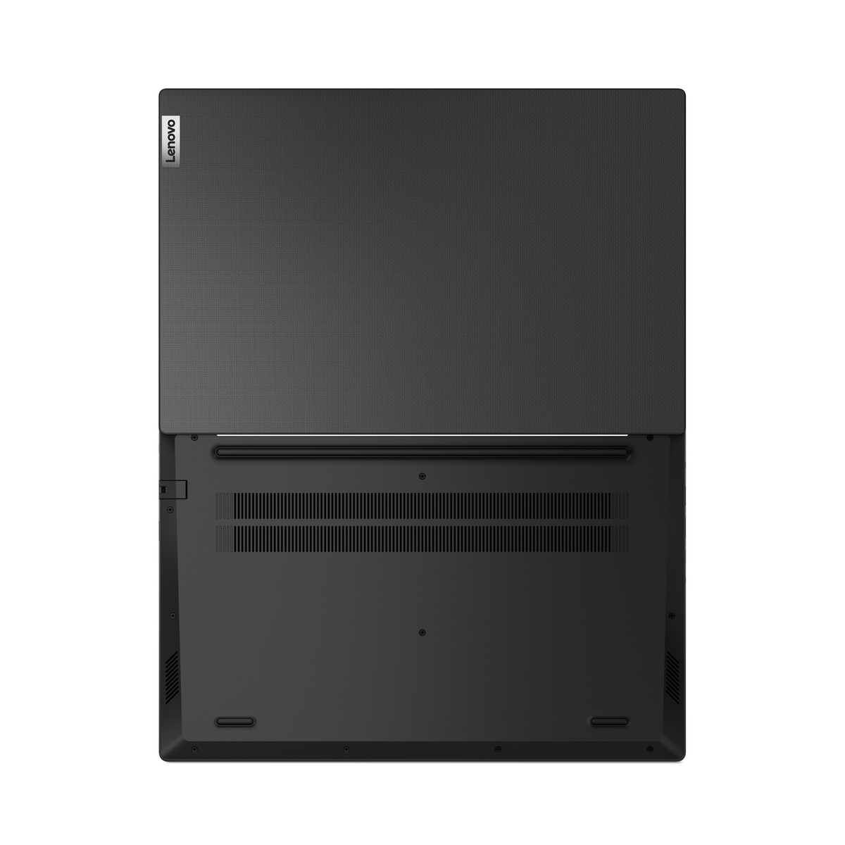 Portátil negro abierto con la tapa ligeramente entreabierta. La superficie superior tiene la marca Lenovo.