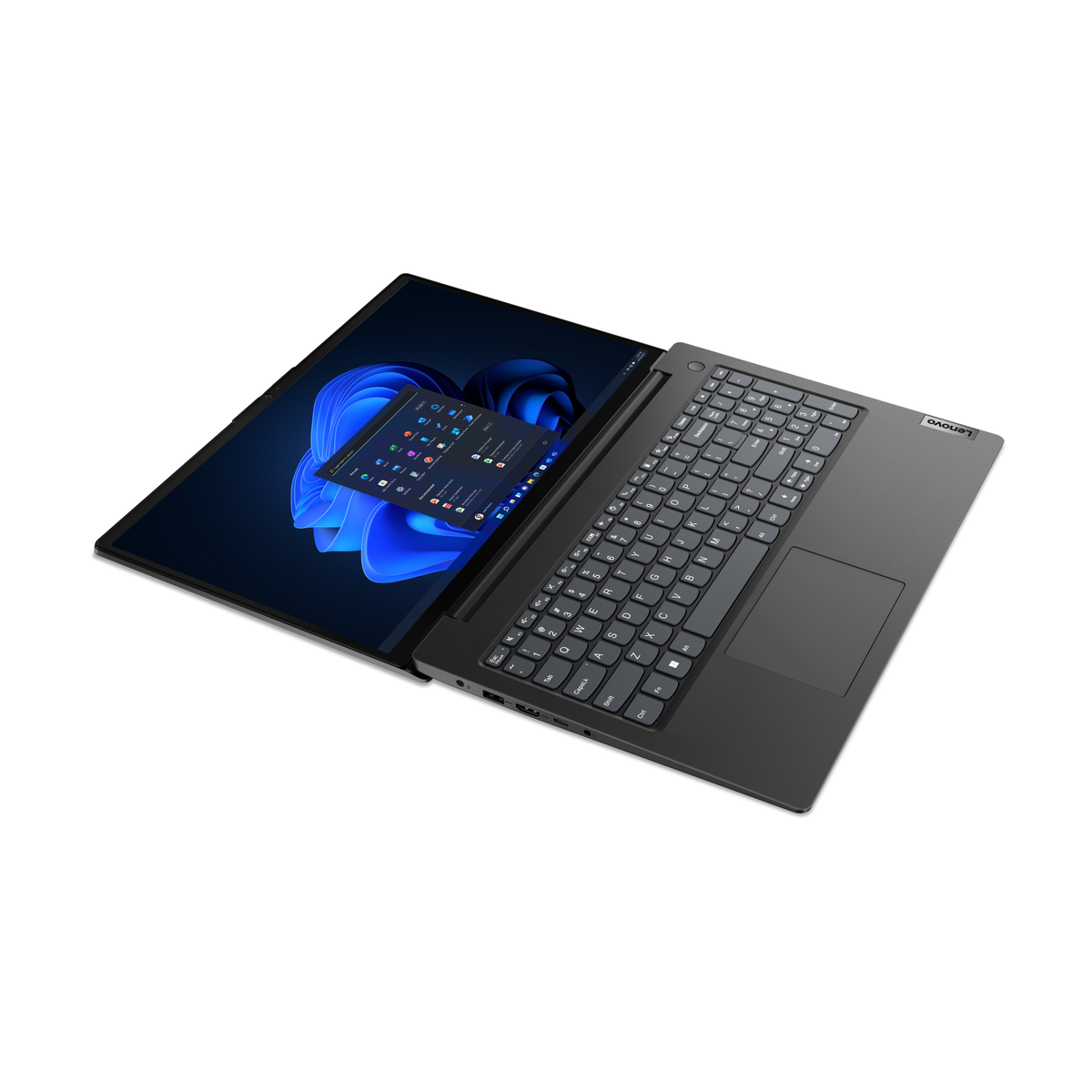 Portátil Lenovo gris oscuro abierto, mostrando interfaz Windows 11 con iconos de aplicaciones sobre fondo azul oscuro.