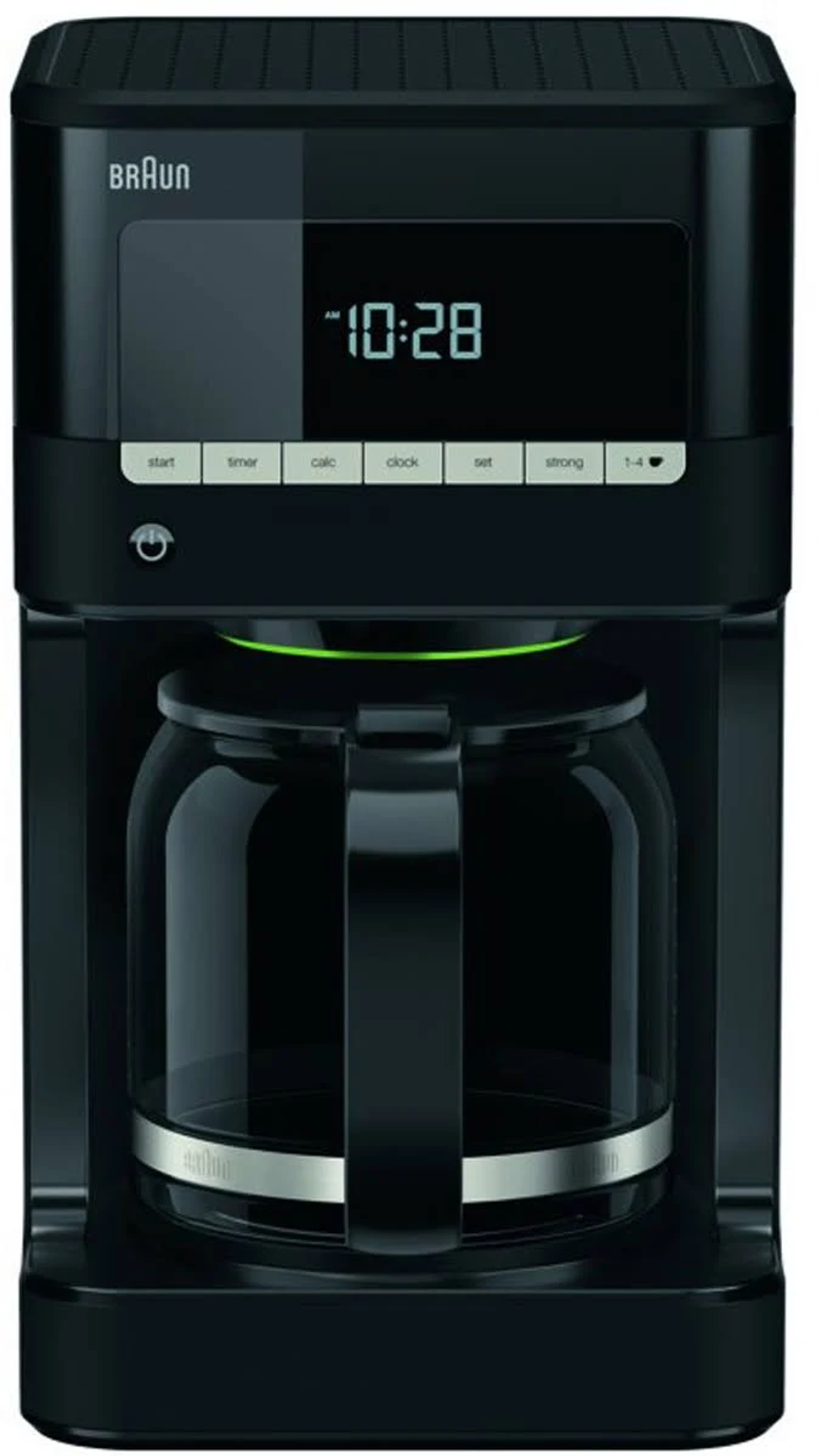 Czarny ekspres do kawy Braun z cyfrowym wyświetlaczem pokazującym godzinę.