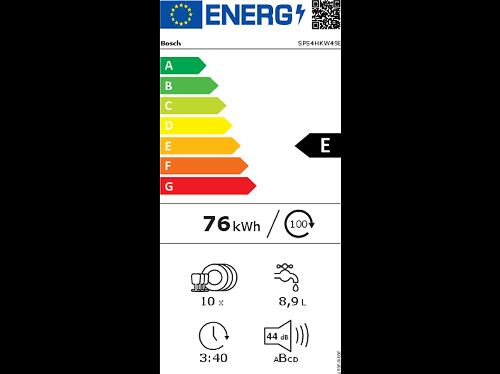 Étiquette énergétique pour un lave-vaisselle Bosch. Indique l'efficacité énergétique et d'autres données.