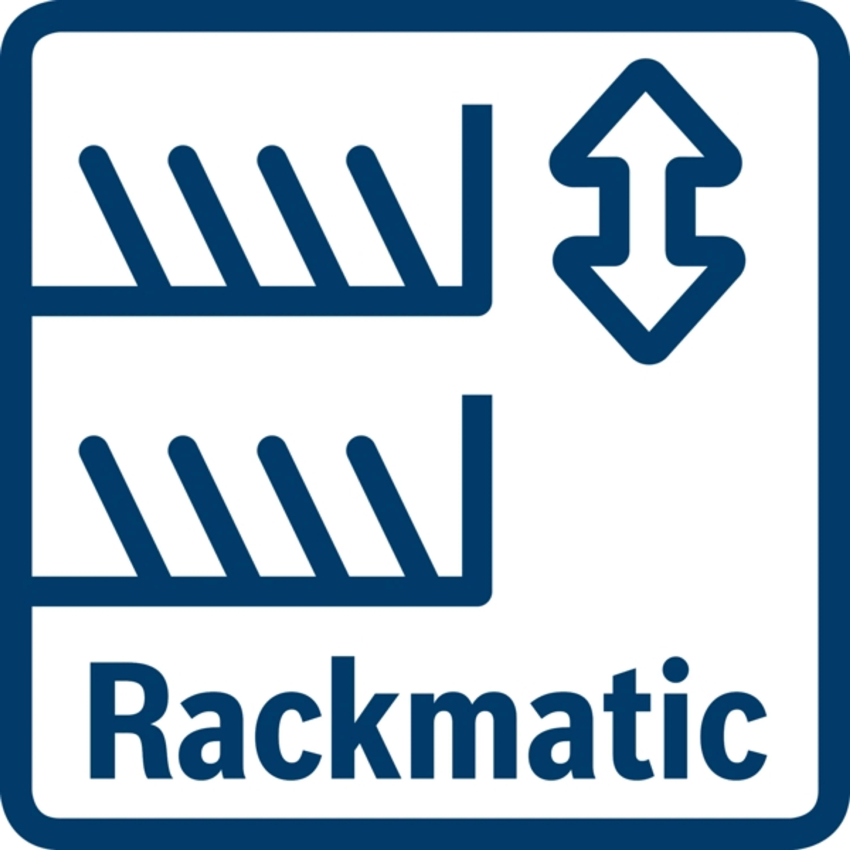 Logo Rackmatic bleu et blanc, mécanisme de panier réglable.