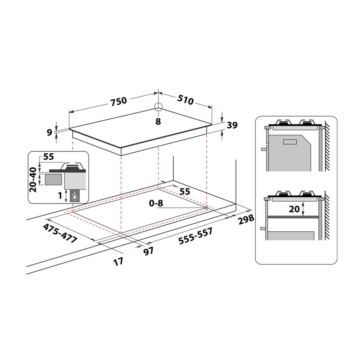 Schemat płyty grzejnej do zabudowy pokazujący wymiary i szczegóły techniczne.