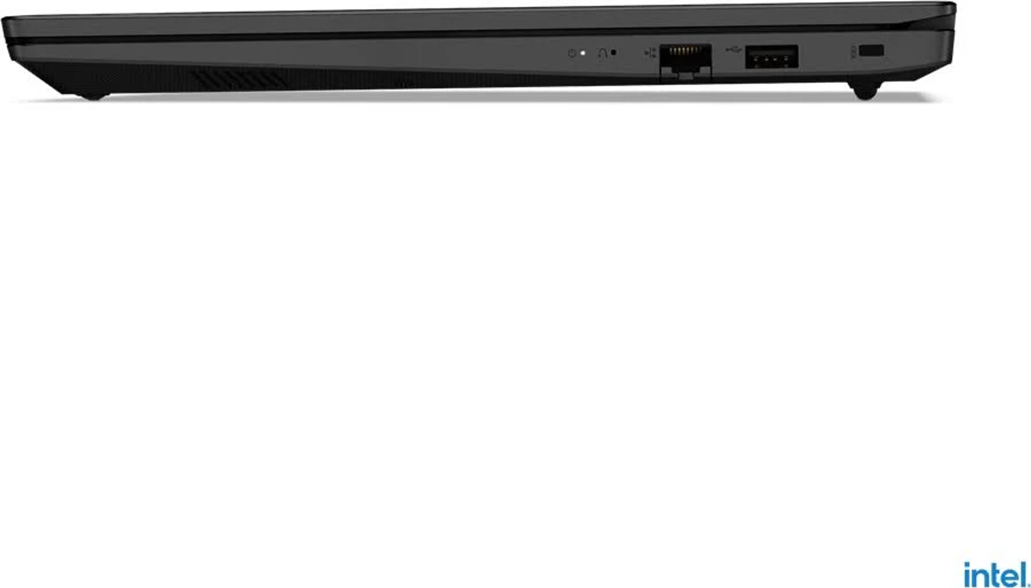 Vista laterale di un laptop nero che mostra le porte e una porta USB.