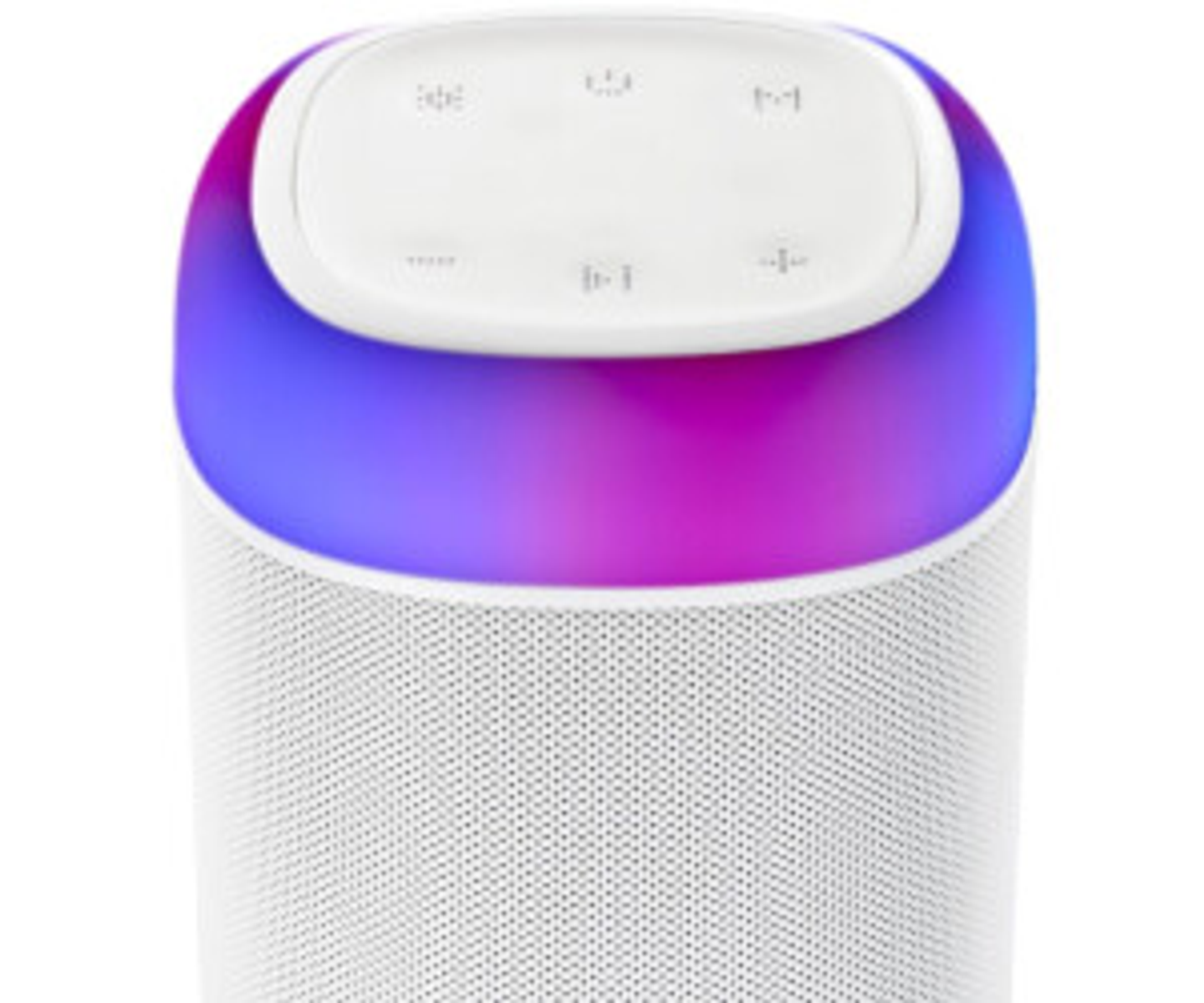 Biały głośnik z sekcją na górze zmieniającą kolor. Elementy sterujące znajdują się na górze.