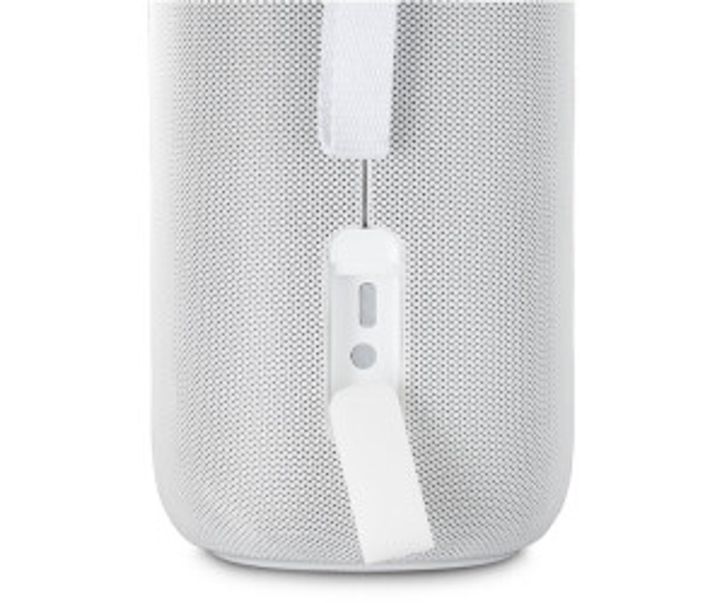 Biały głośnik z siatką z tkaniny. Biały pasek zwisa z góry.