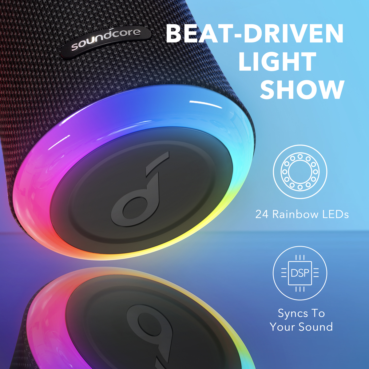 Un altoparlante nero con luci colorate in basso e le parole 'Beat-Driven Light Show'.