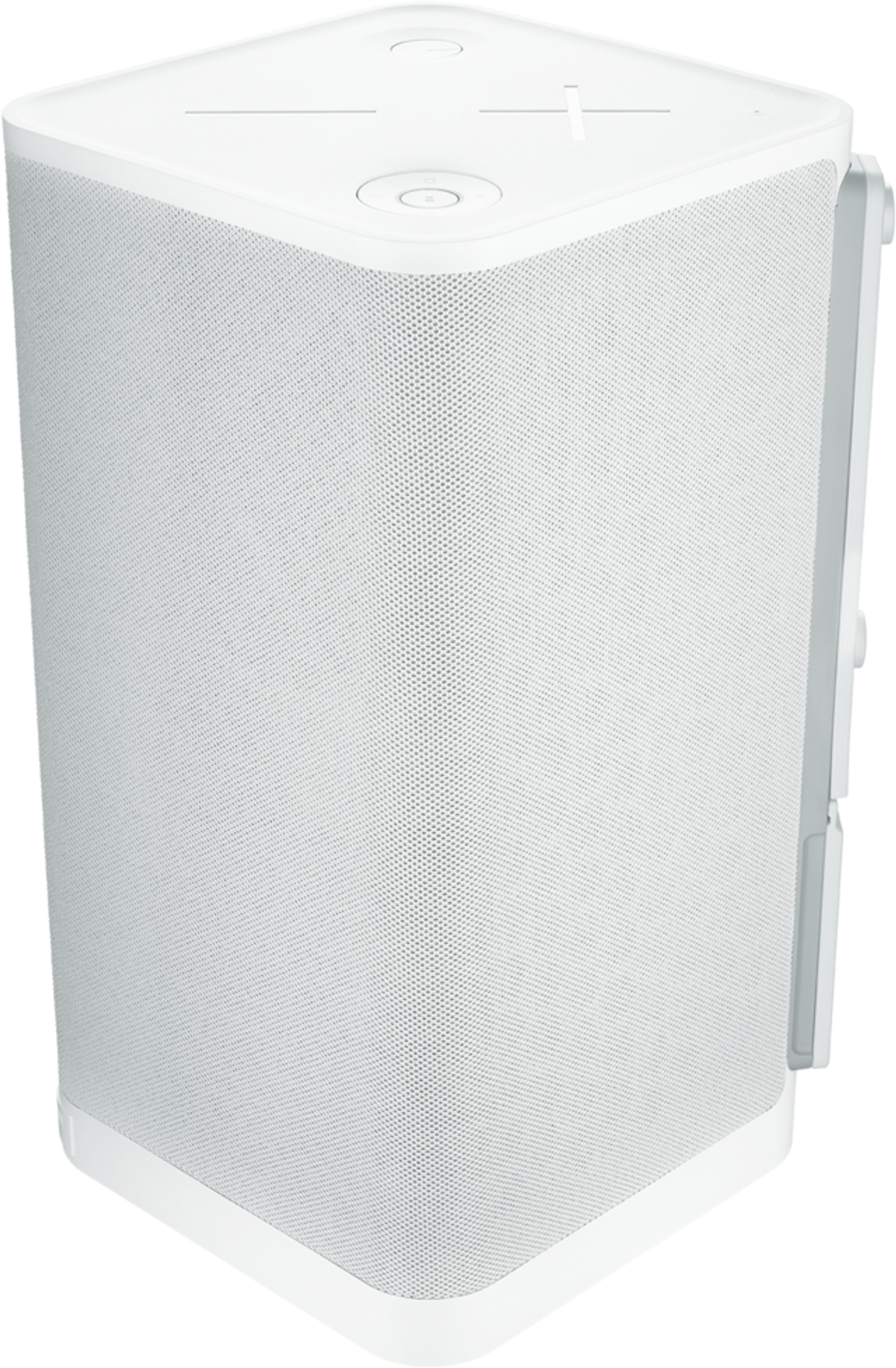 Biały głośnik o zaokrąglonym kwadratowym kształcie i małym panelu sterowania z boku.