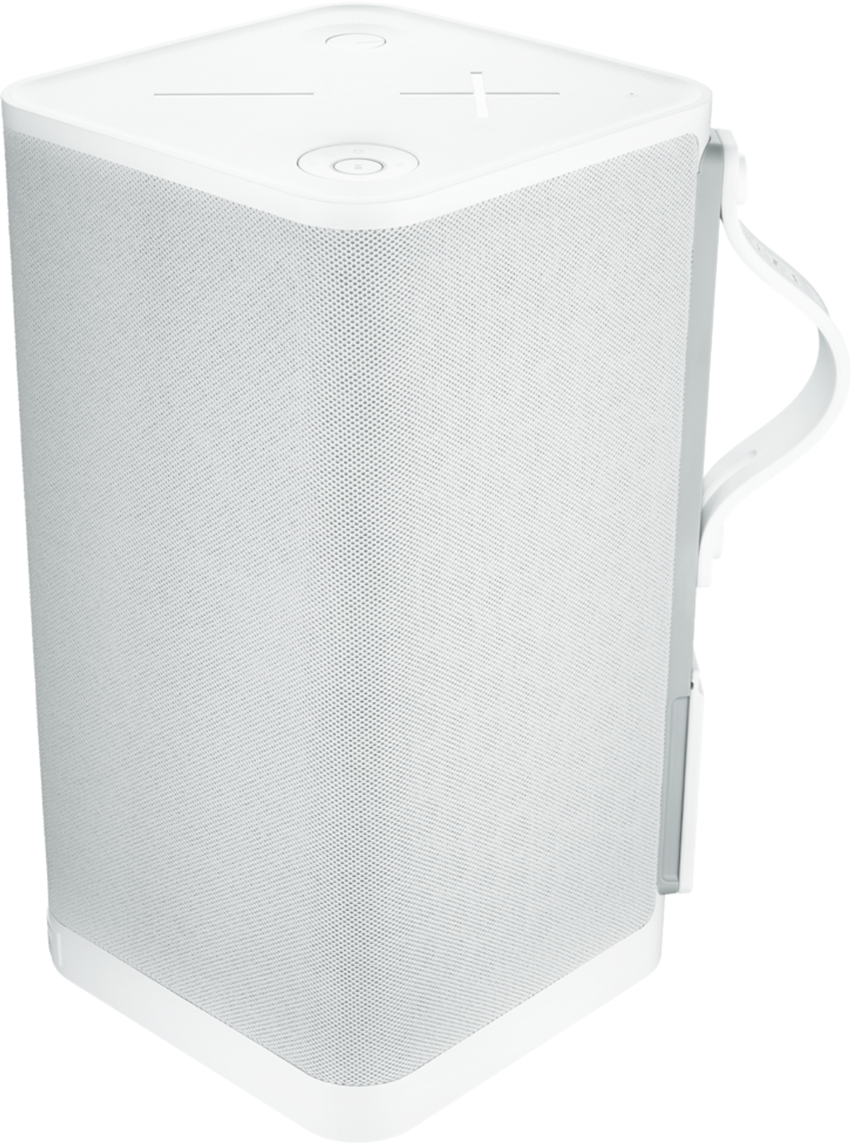 Biały, trójkątny głośnik z uchwytem, pokazujący kratkę głośnika i przyciski sterowania.