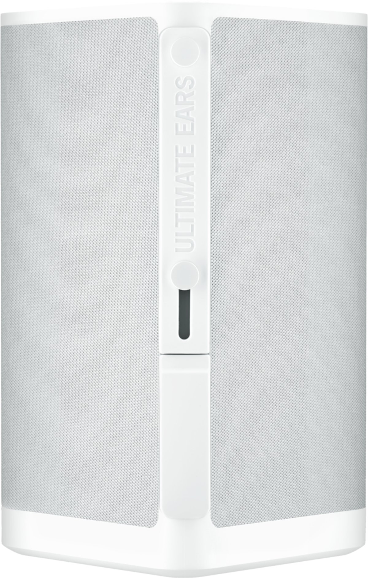 Biały głośnik z 'Ultimate Ears' i regulacją głośności.