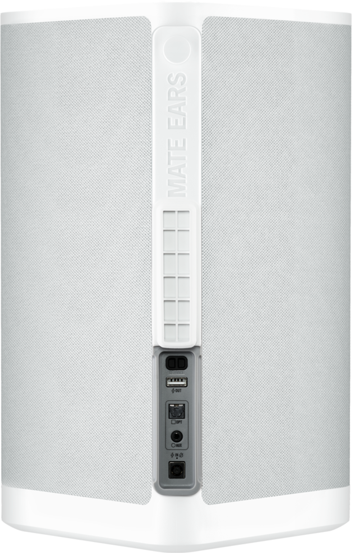 Biały głośnik z siatkowym przodem i portami u podstawy. Z boku napisano 'MATE EARS'.