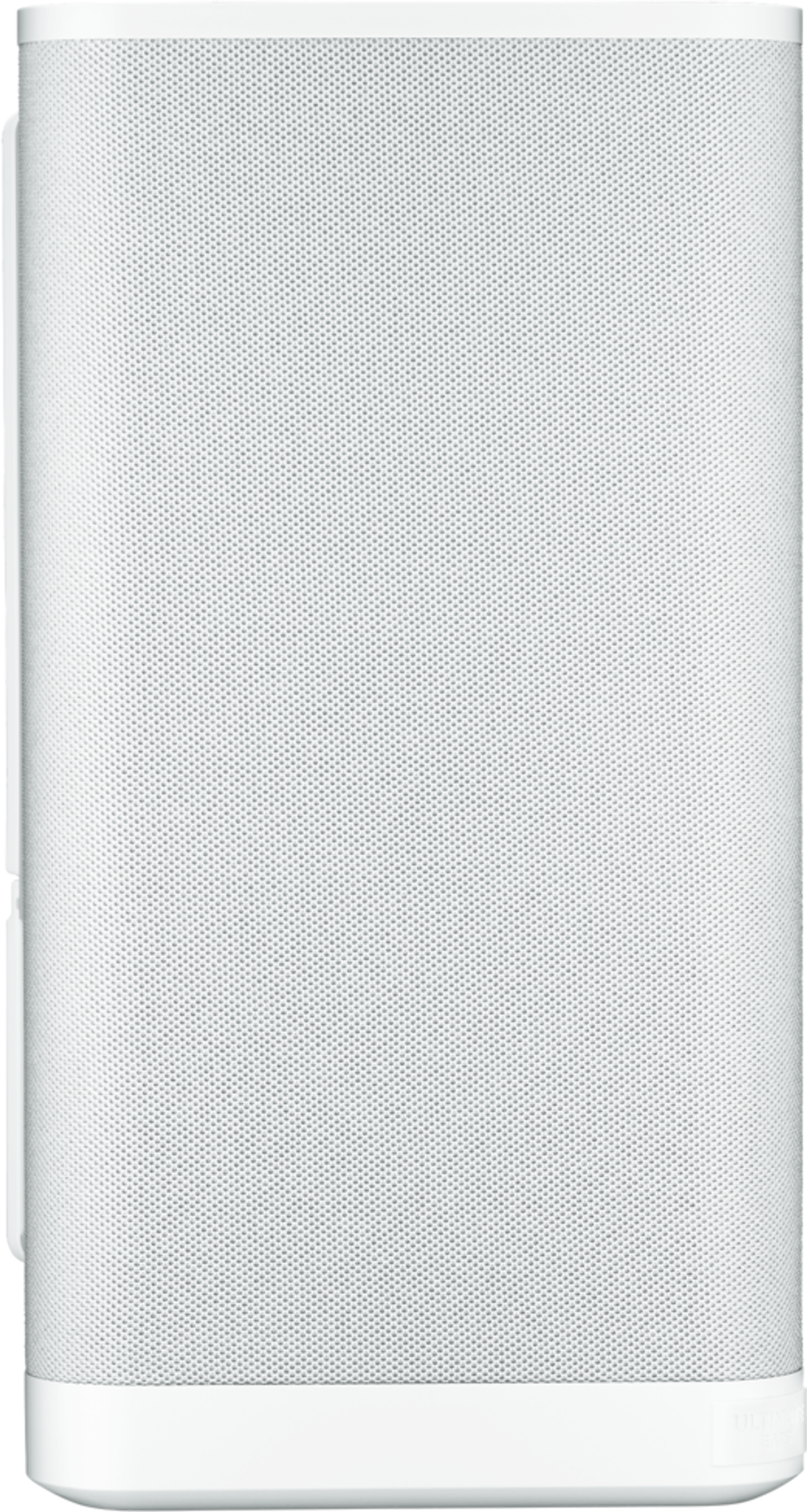 Biały głośnik cylindryczny z perforowaną powierzchnią. Białe tło.