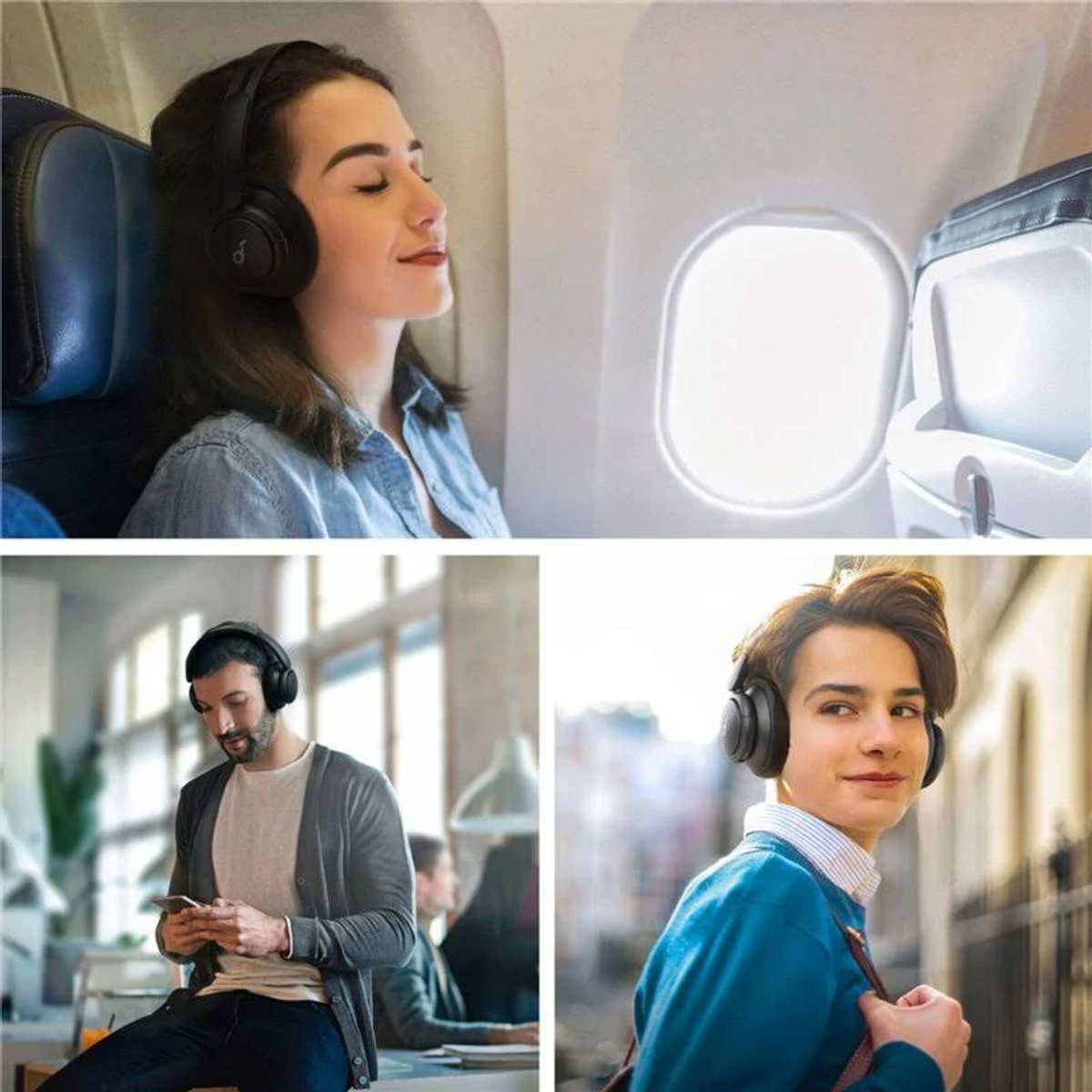 Tres personas usando auriculares en diferentes entornos, sobre fondo blanco.