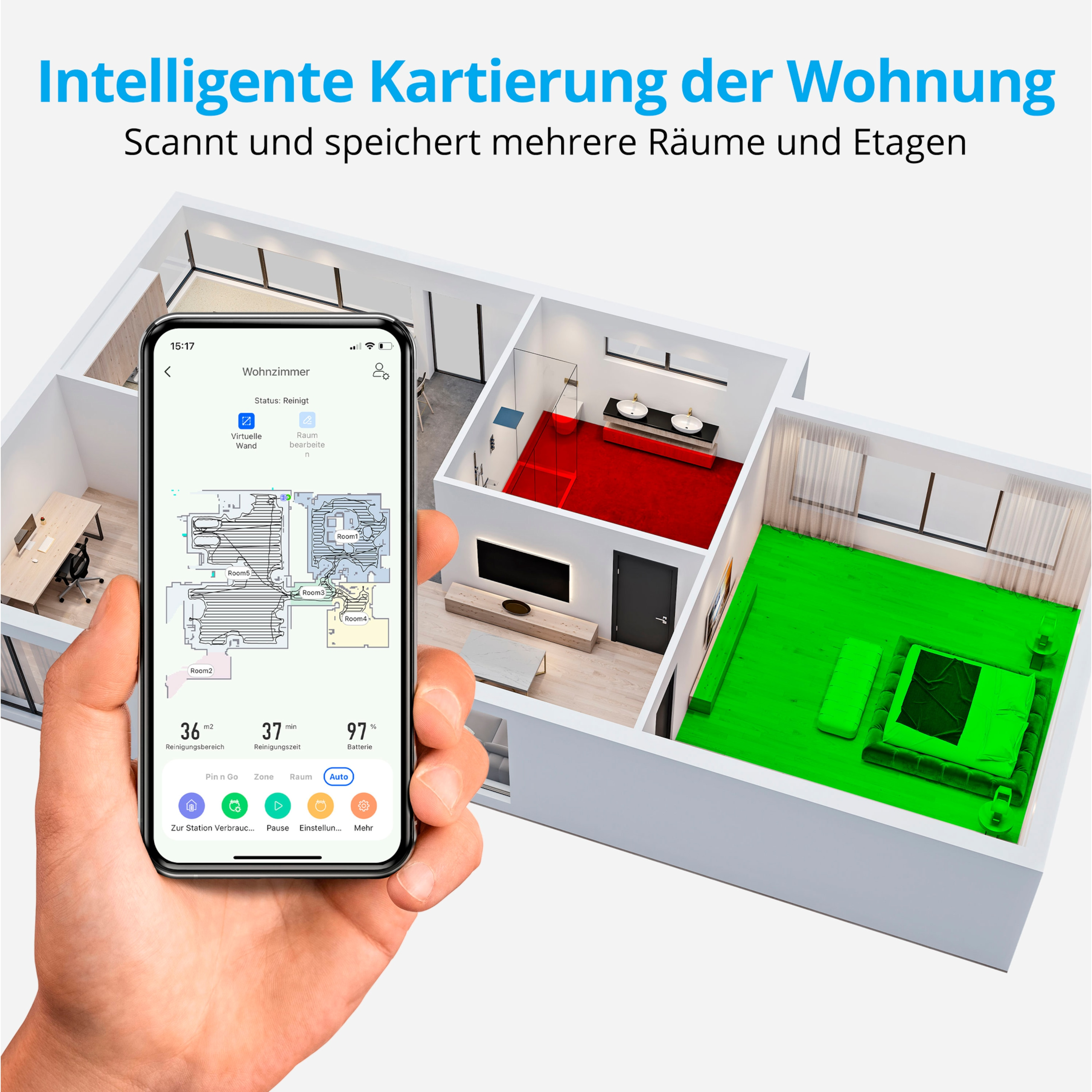 Osoba trzymająca telefon z mapą inteligentnego domu, pokazującą pokoje.