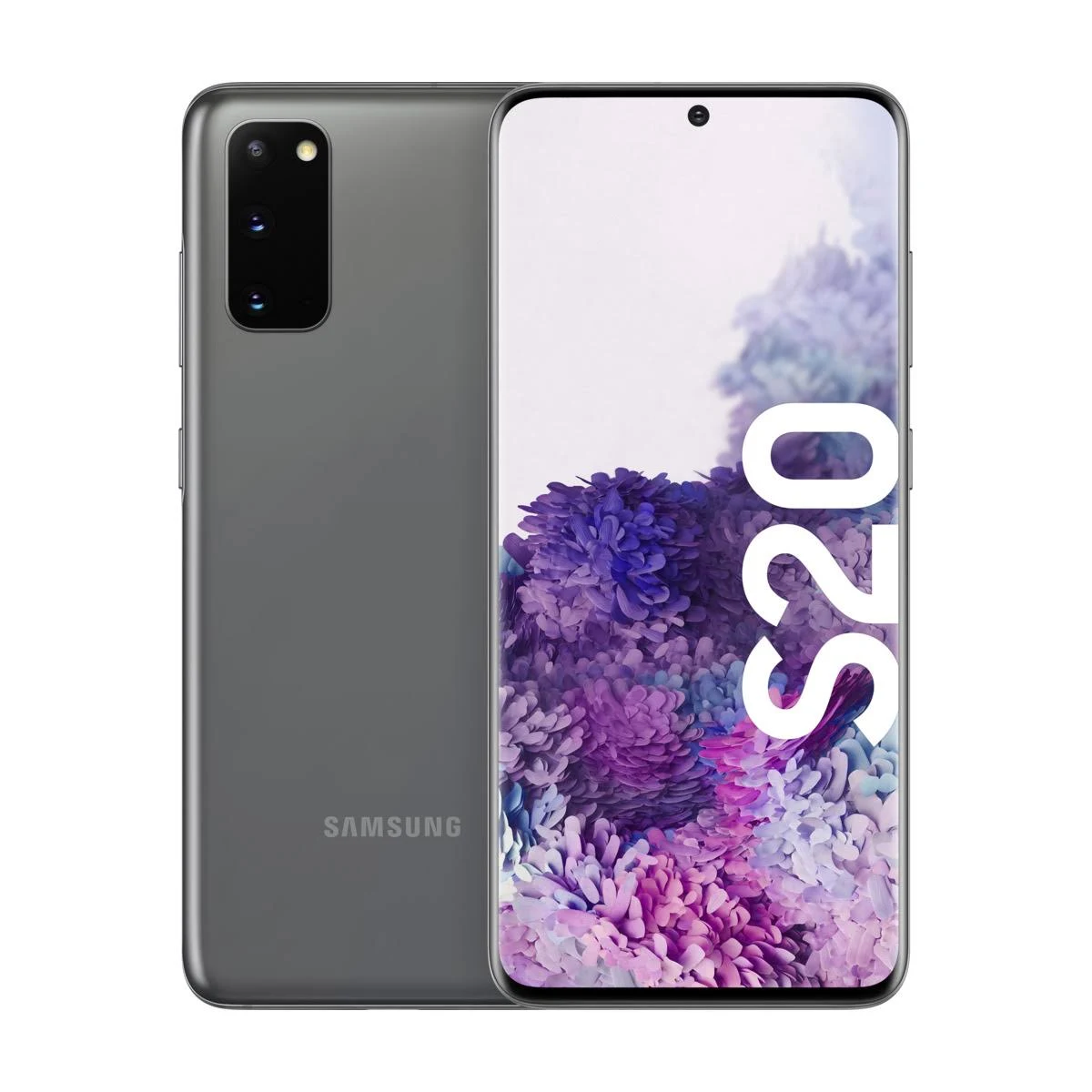 Smartphone grigio con due fotocamere, vista frontale con sfondo floreale colorato.