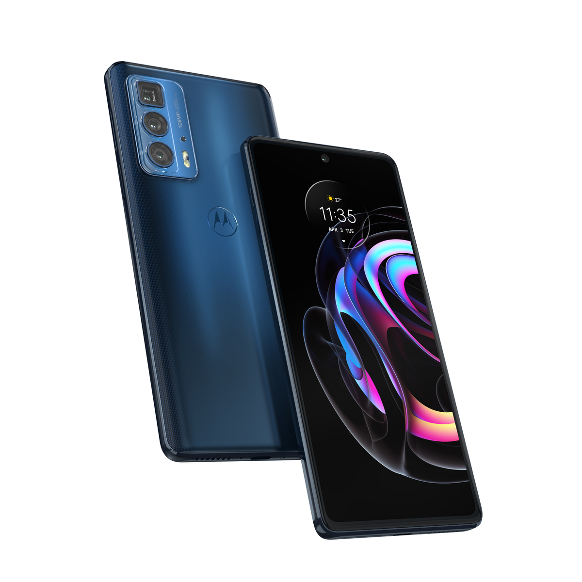Ein blaues Motorola-Smartphone, mit zwei Handys, die Bildschirm und Rückseite zeigen.