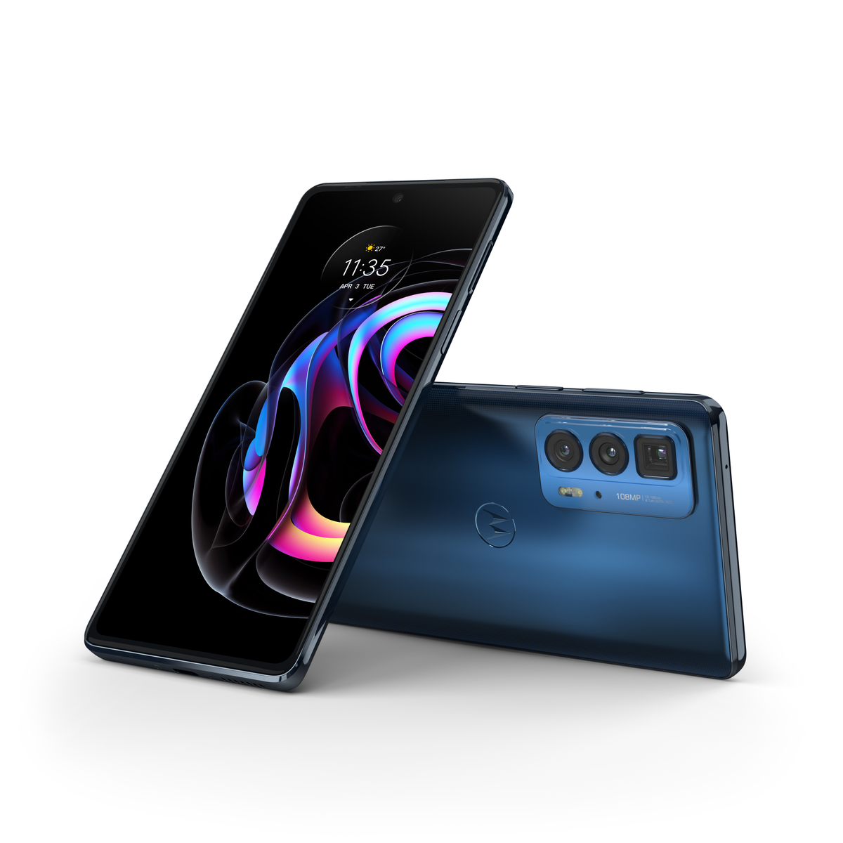Blaues Smartphone mit schwarzem Bildschirm, Uhrzeit, auf weißem Hintergrund.