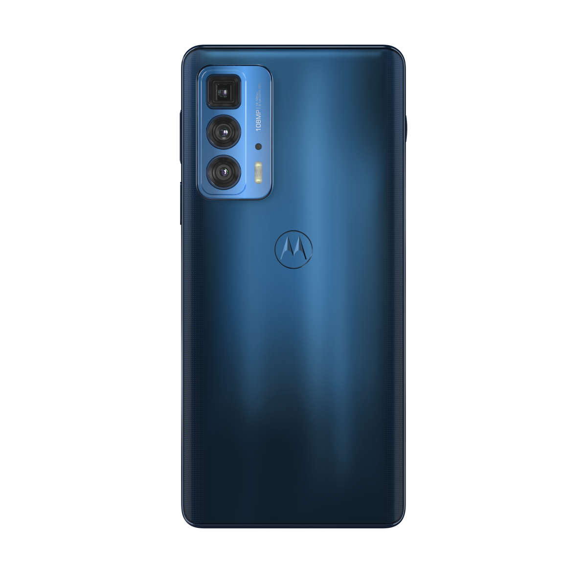 Blaue Telefonrückseite mit Kameras. Motorola-Logo. Strukturierte Oberfläche. Weißer Hintergrund.