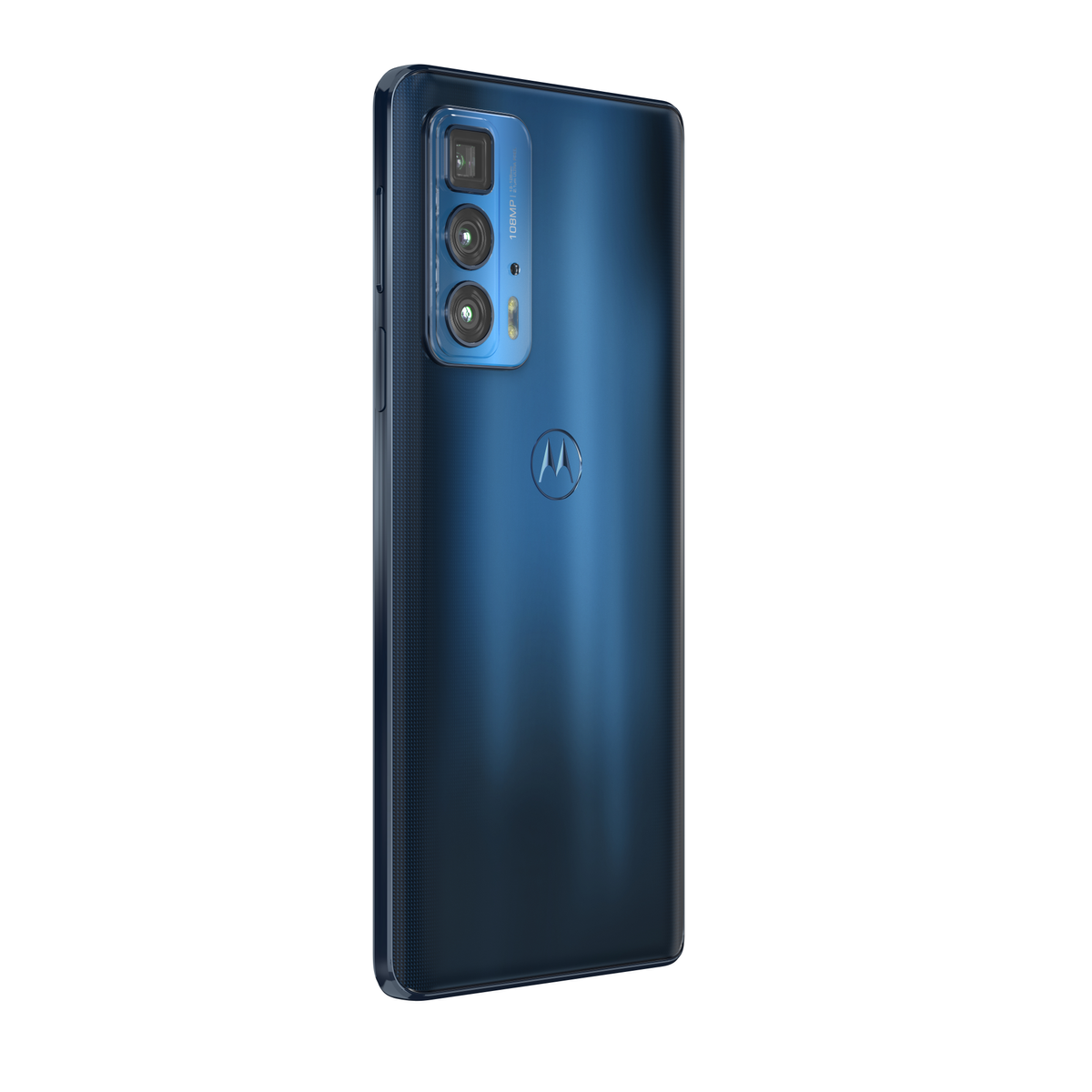 Blaues Telefon mit drei Kameras auf der Rückseite. Blaue glänzende Oberfläche. Weißer Hintergrund.