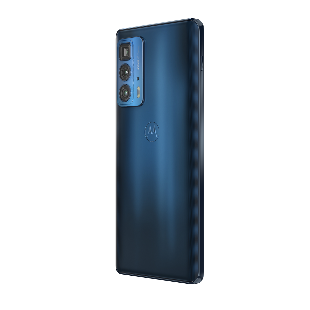 Blaue Smartphone-Rückseite mit Kameraanordnung und Motorola-Logo.