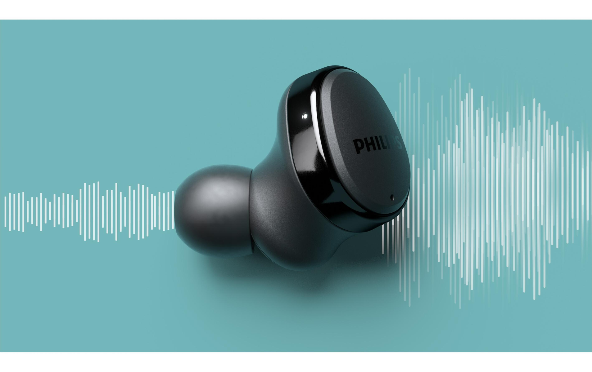 Auricolare nero con arte a onde sonore, su sfondo turchese.
