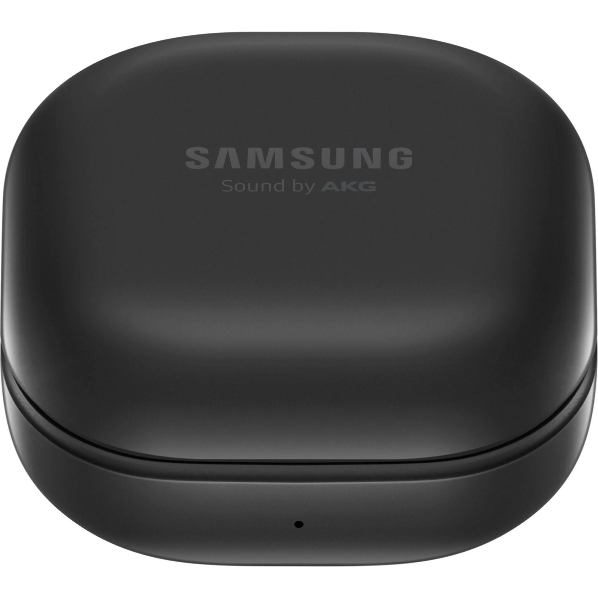 Schwarzes, abgerundetes quadratisches Ohrhörer-Etui mit Samsung- und AKG-Branding, vor weißem Hintergrund.