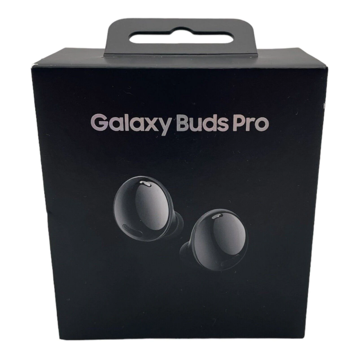 Eine schwarze Box mit dem Namen Galaxy Buds Pro und einem Paar schwarzer Ohrhörer darin.