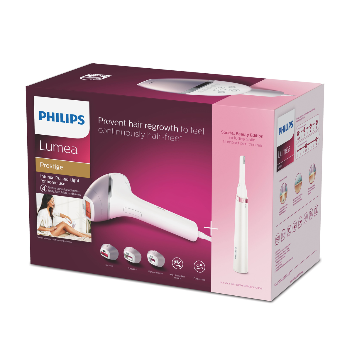 Philips Lumea Prestige-Box-Set mit einem Haarentfernungsgerät und einem Stifttrimmer.
