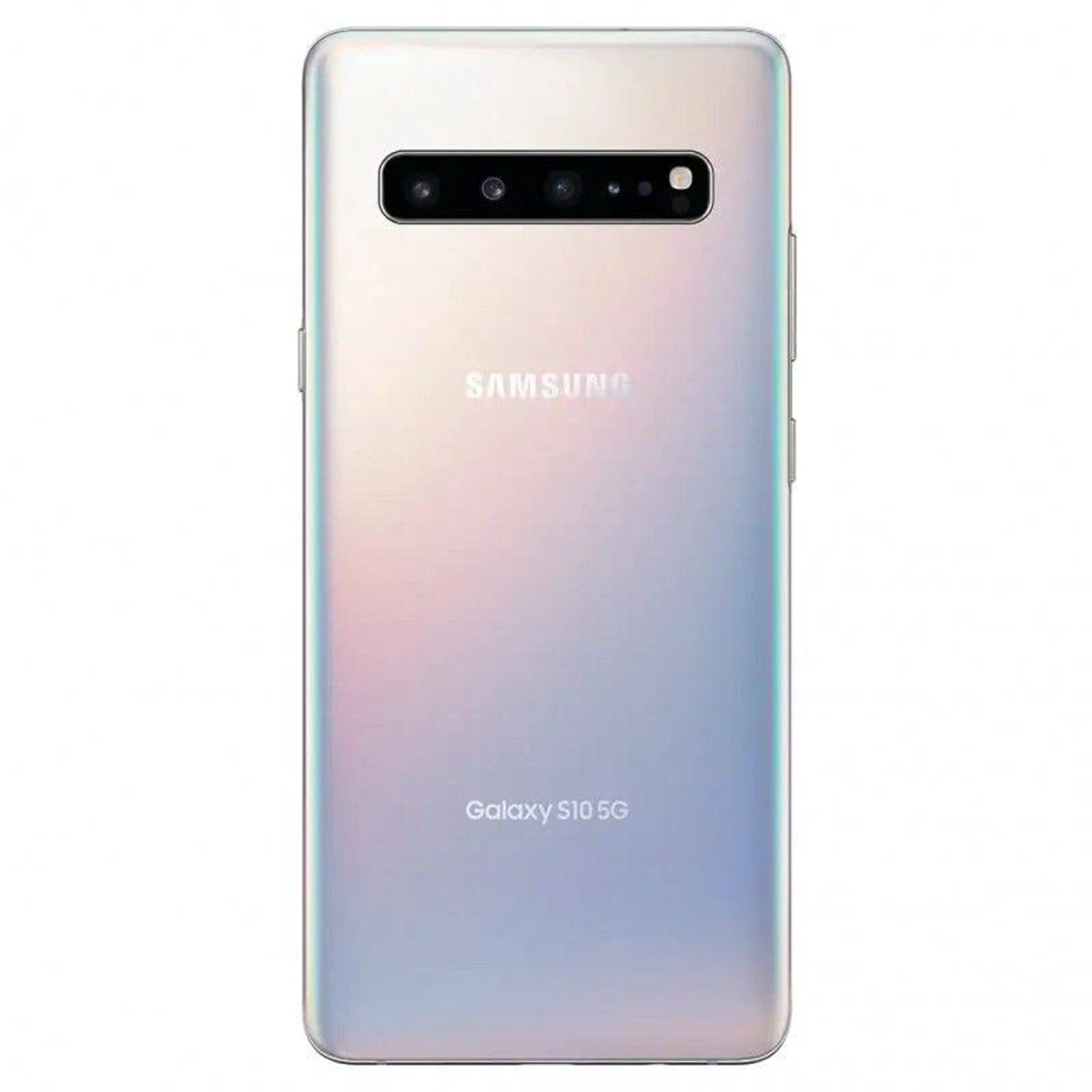 Rückseite eines weißen und silbernen Samsung Galaxy S10 5G Telefons mit mehreren Kameras.