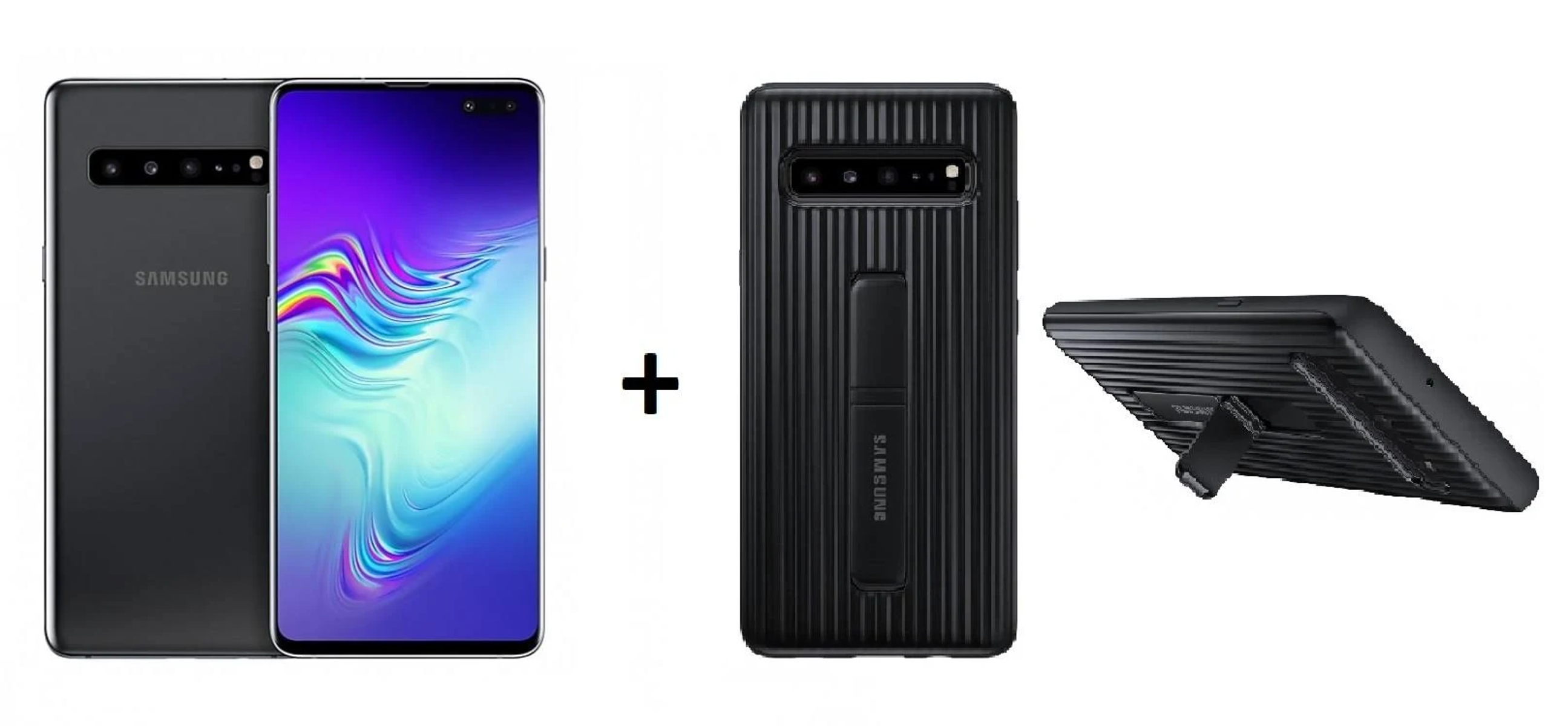 Zwei schwarze Smartphones, eine Handyhülle und ein Ständer nebeneinander.