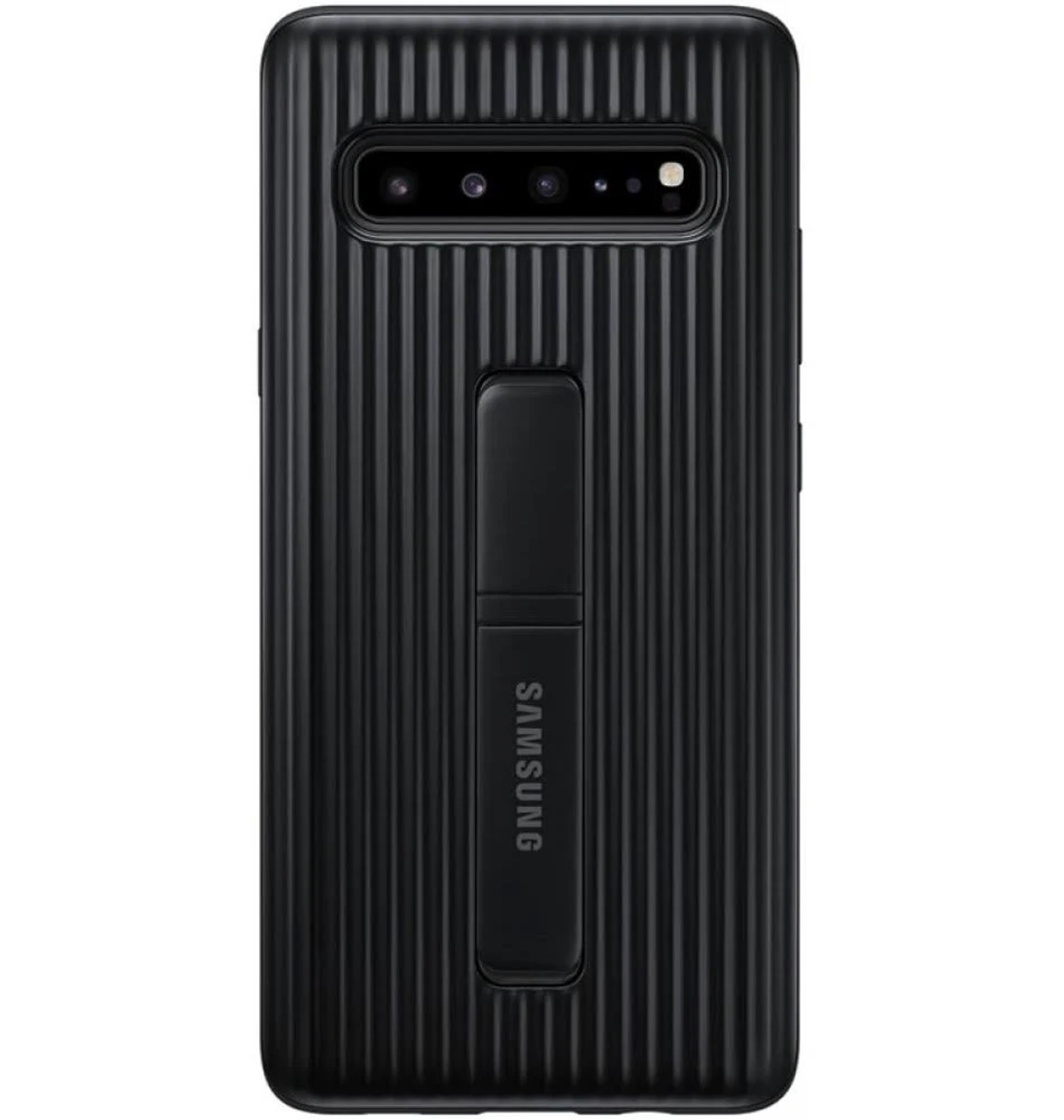 Schwarze Handyhülle mit vertikalen Linien und Ständer, Samsung-Logo.