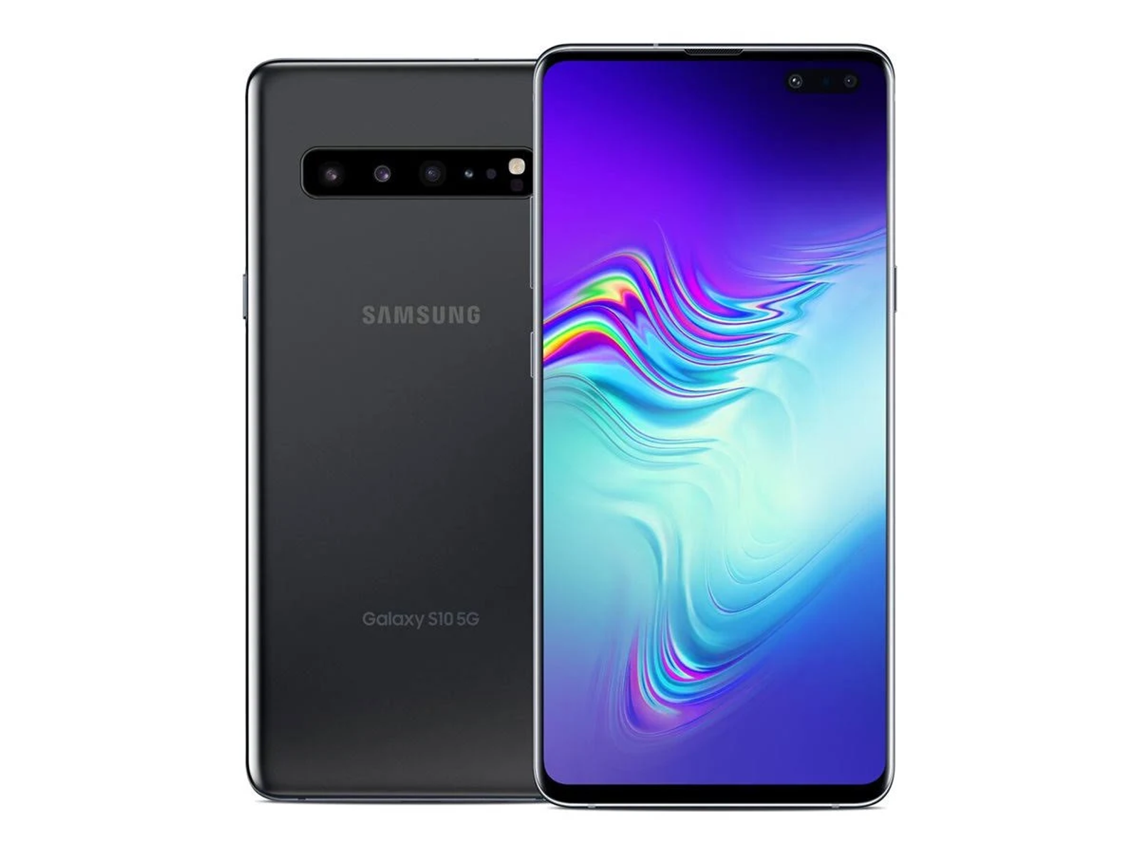 Schwarz-silbernes Smartphone, zeigt Rück- und Vorderseite. Es hat mehrere Kameras.