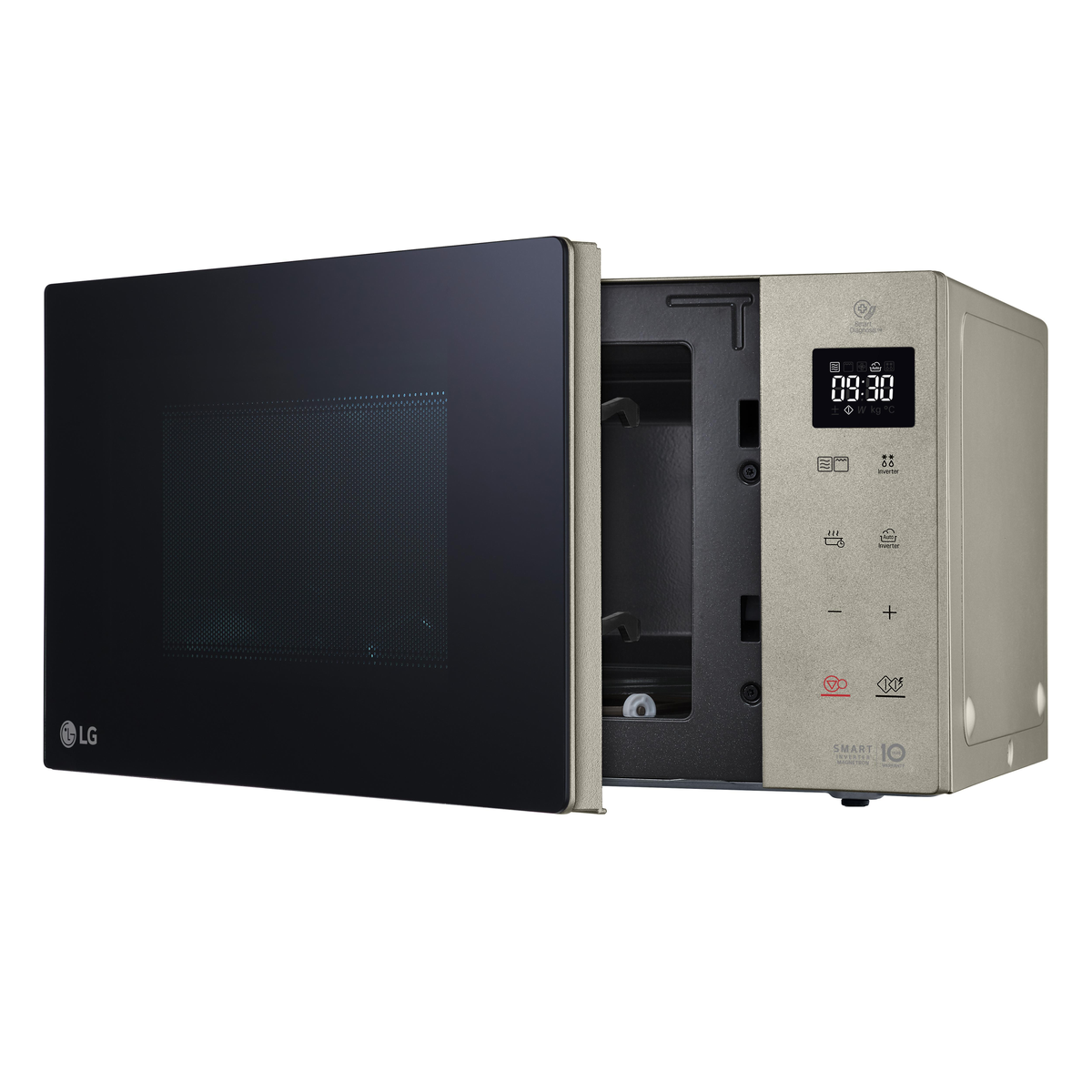 Microondas LG con la puerta abierta, mostrando la hora y el panel de control.