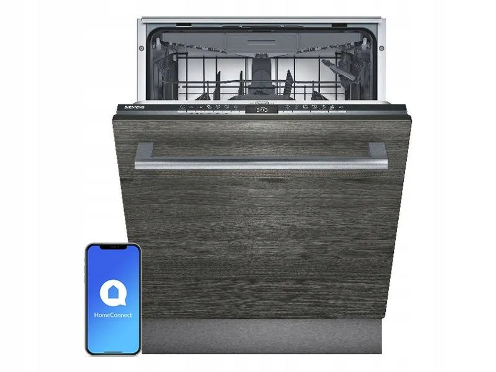 Lave-vaisselle avec une porte ouverte. Un téléphone avec l'application HomeConnect à côté.