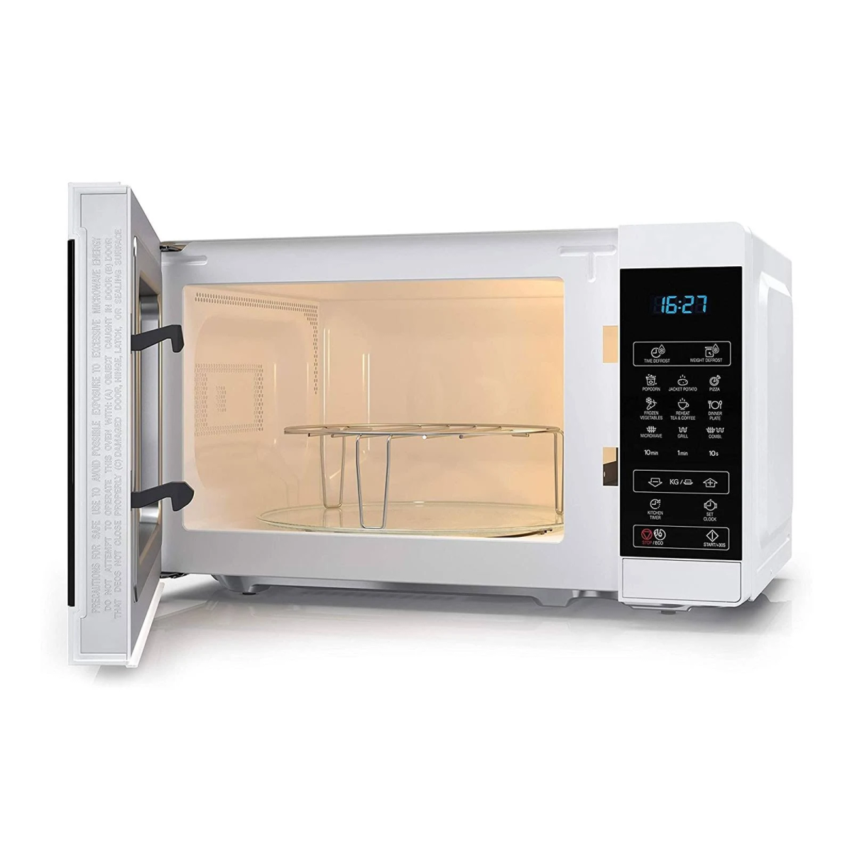 Biała kuchenka mikrofalowa, otwarta, ze szklanym talerzem i metalowym rusztem w środku. Wyświetlany jest czas.