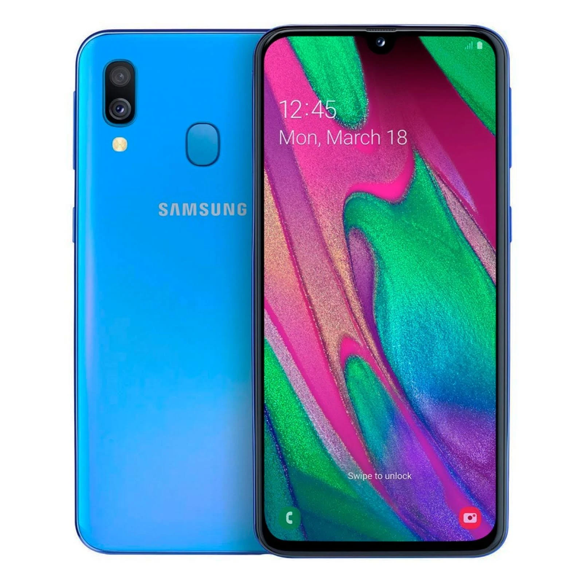 Niebiesko-czarny telefon Samsung, z jednej strony ekran, z drugiej tył.