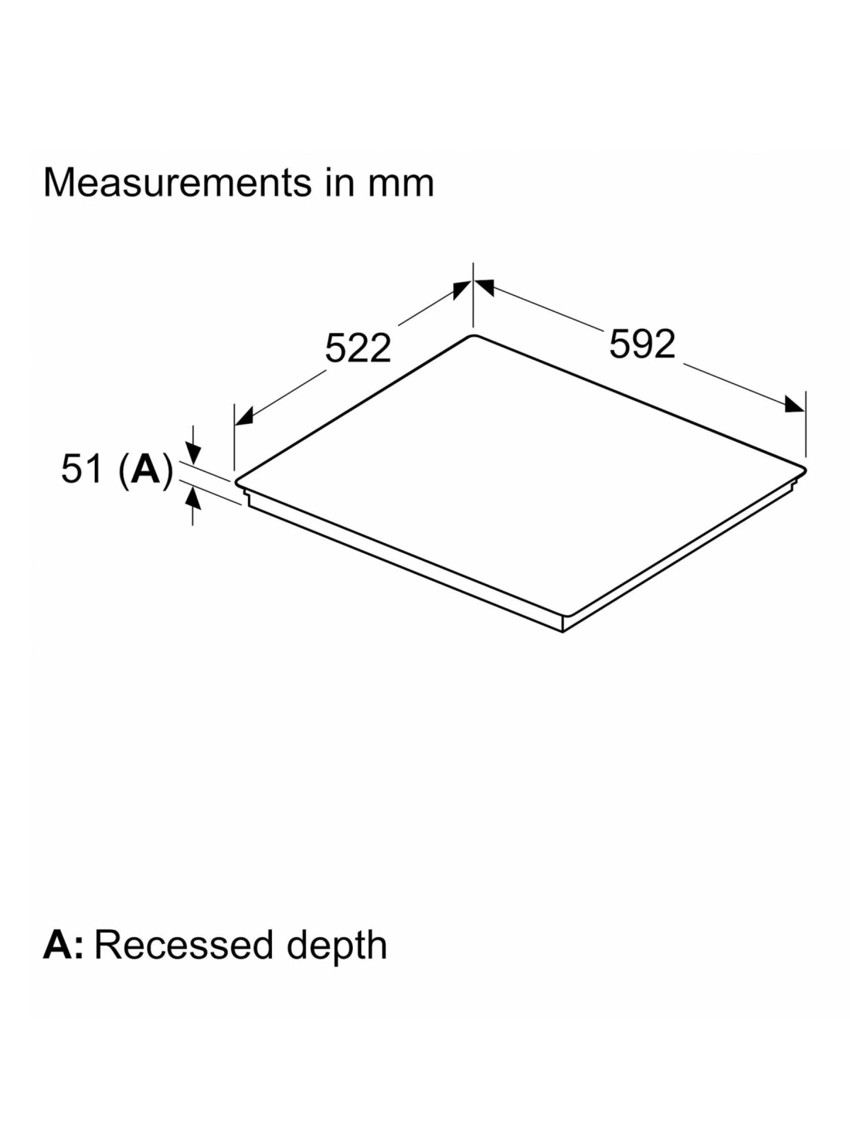 Diagramma di un quadrato con misure di 522x592x51mm.