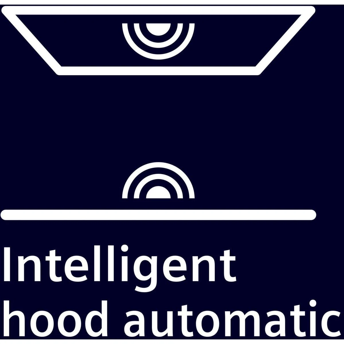 Grafica con testo 'Intelligent hood automatic' e contorno stilizzato della cappa su sfondo blu scuro.