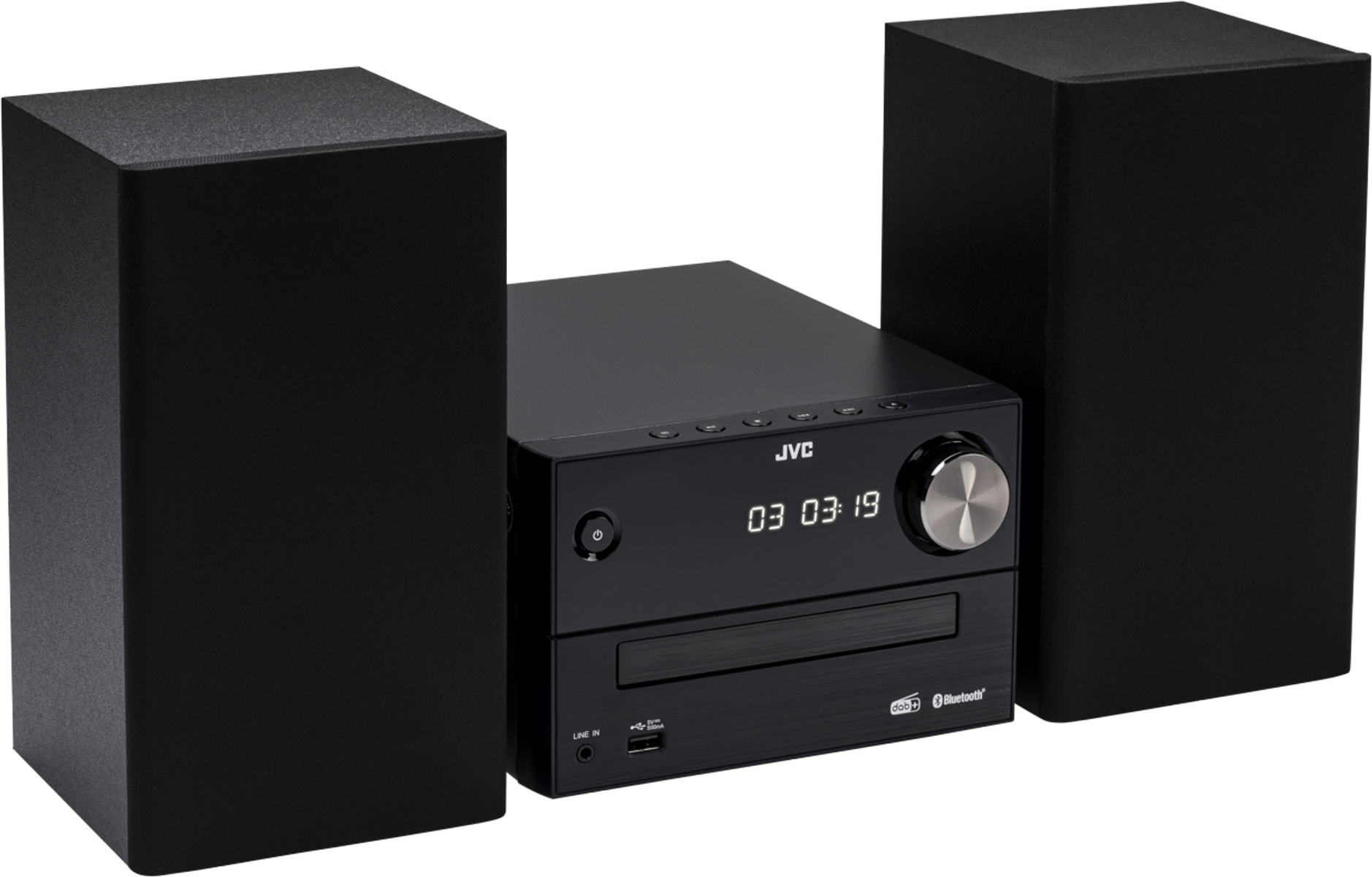 Schwarze Stereoanlage mit zwei Lautsprechern und einer Zentraleinheit mit Display.