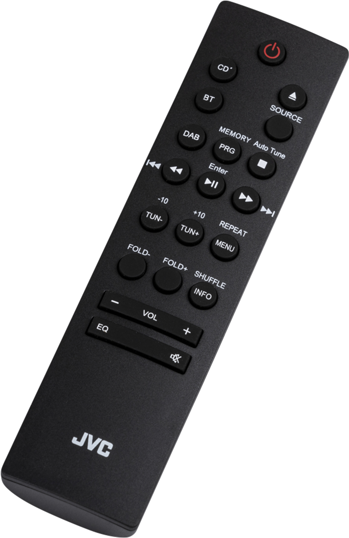 Schwarze JVC-Fernbedienung mit vielen Knöpfen. Angesicht.