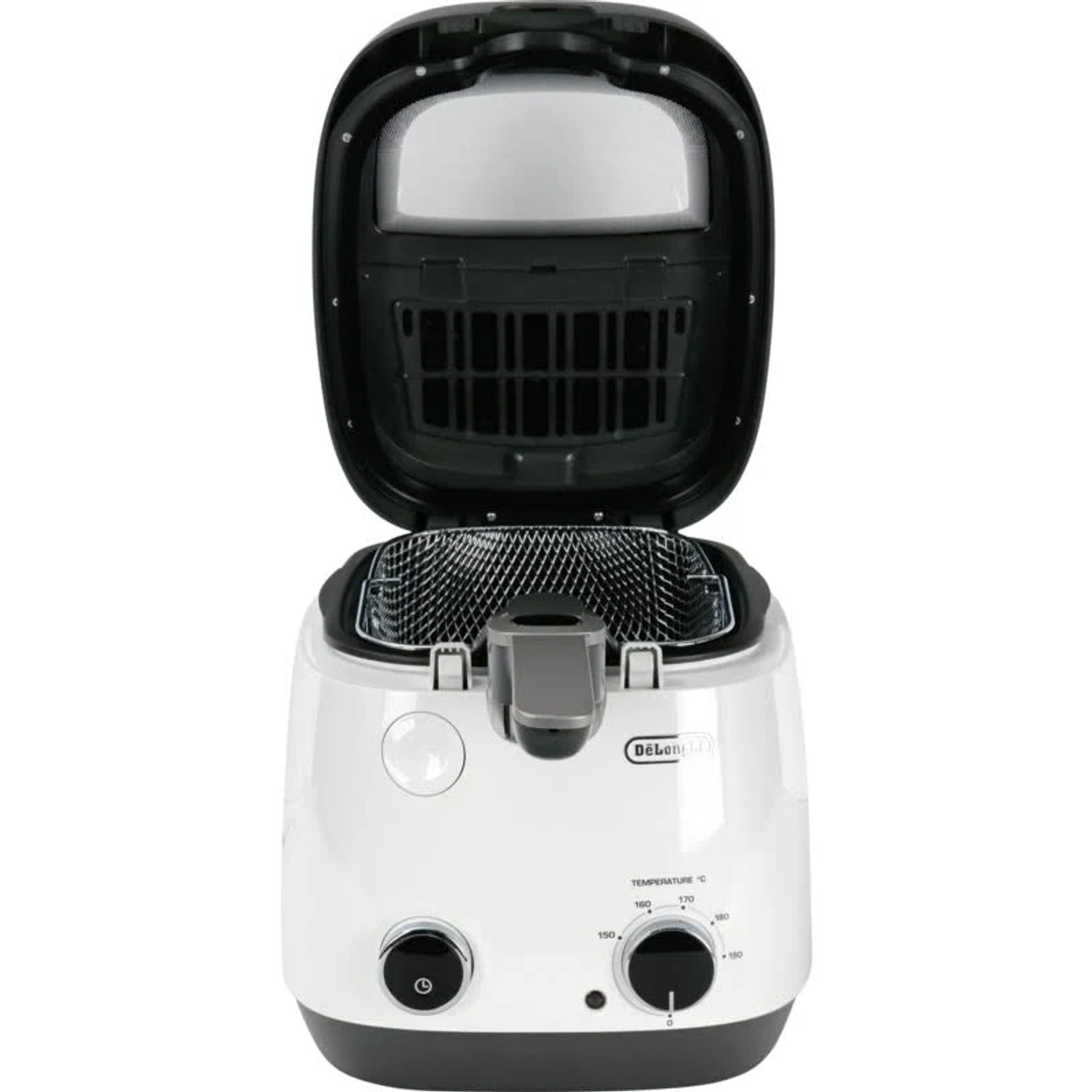 Biało-czarna frytownica, otwarta pokrywa. Widoczne pokrętła i kosz.