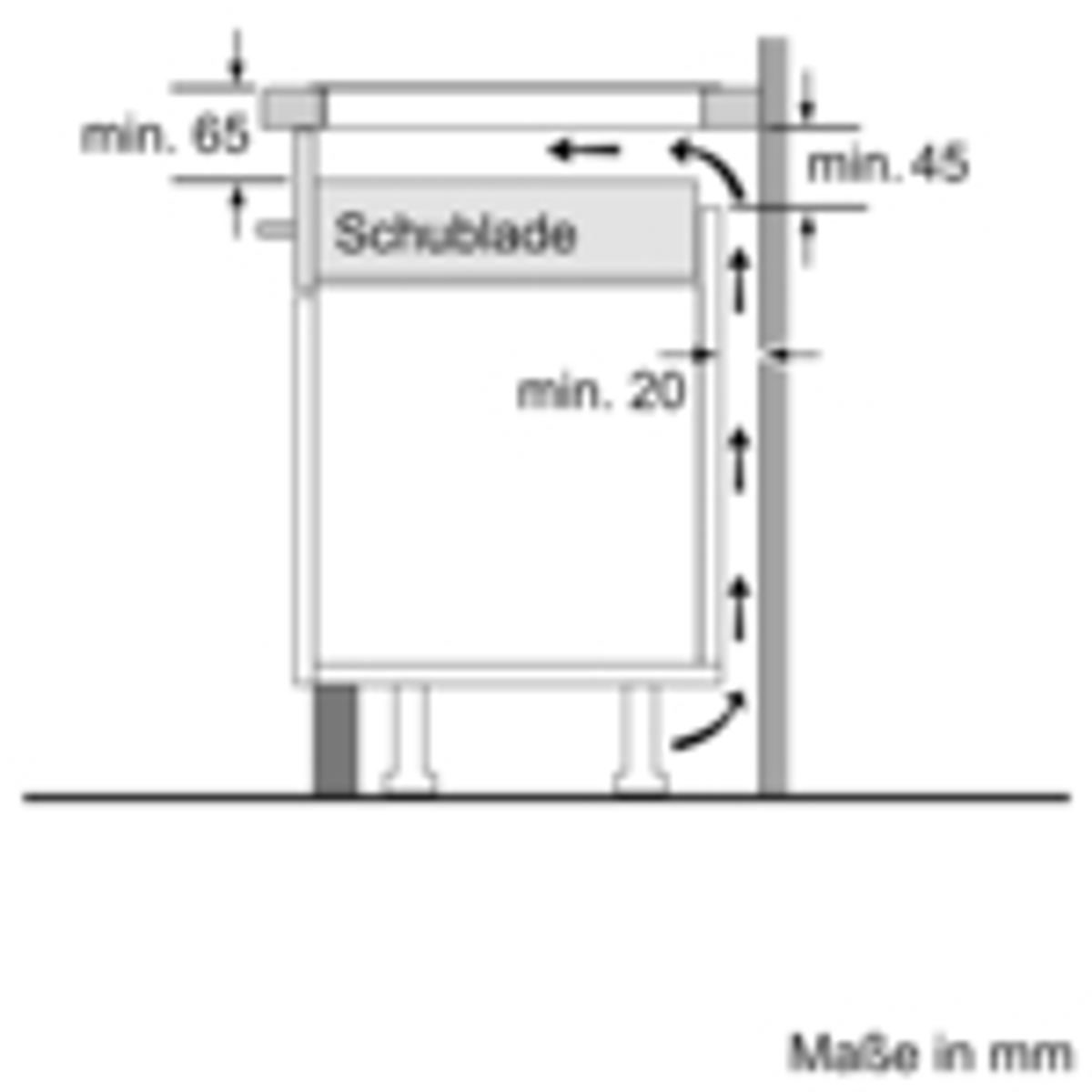 Diagramma che mostra le dimensioni per l'installazione di un piano cottura con un cassetto sottostante.